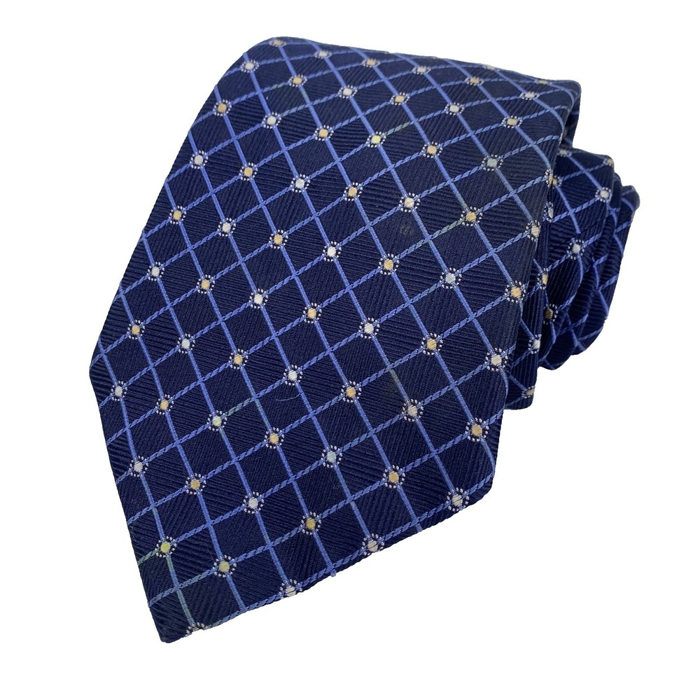 Tasso Elba Mens Tie Blue White & Tan‎ Geometric Foulard Design Repp Silk Weave
